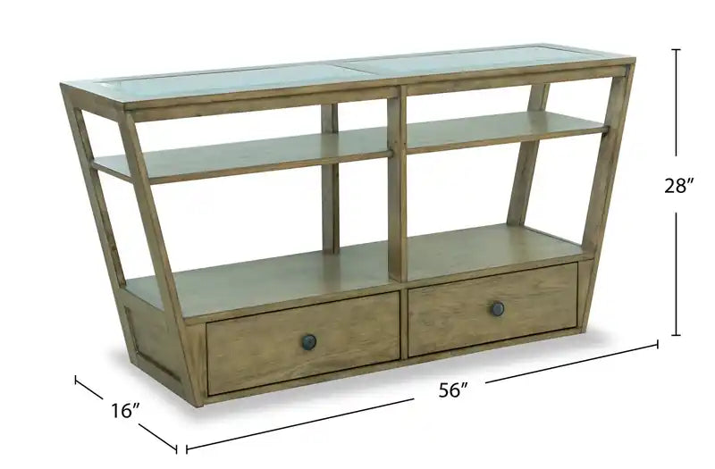 56 Table basse traditionnelle en bois clair avec plateau en verre, tiroir de rangement et étagère