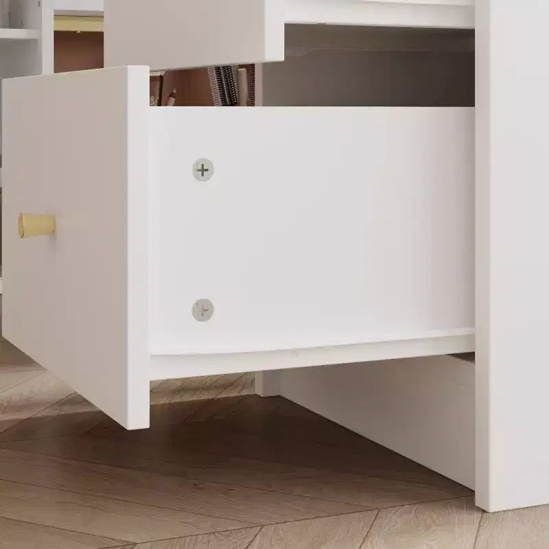 Table à ongles blanche avec extracteur de poussière intégré, écran en verre trempé, poignées dorées, poste de travail de salon de manucure, table de maquillage