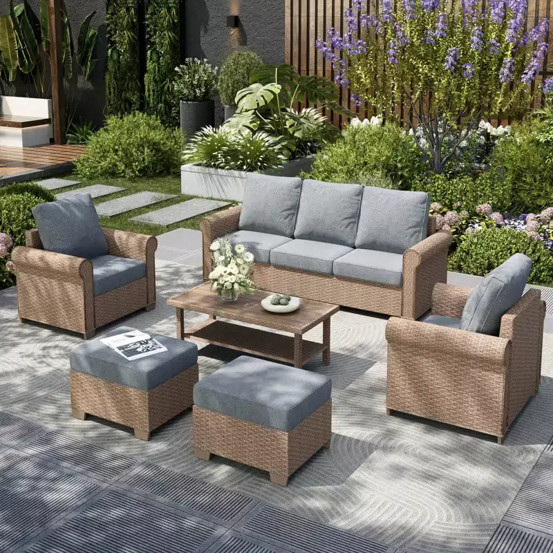 Captiva Designs Salon de jardin 6 pièces de luxe en osier avec accoudoirs incurvés et coussins