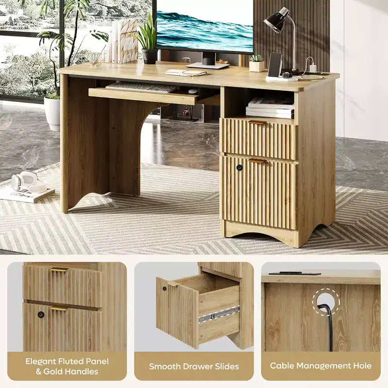 Bureau d'ordinateur intelligent Bestier 55, bureau en chêne avec tiroirs de classement et prise de courant, bureau de direction avec rangement ouvert et tiroir à clavier