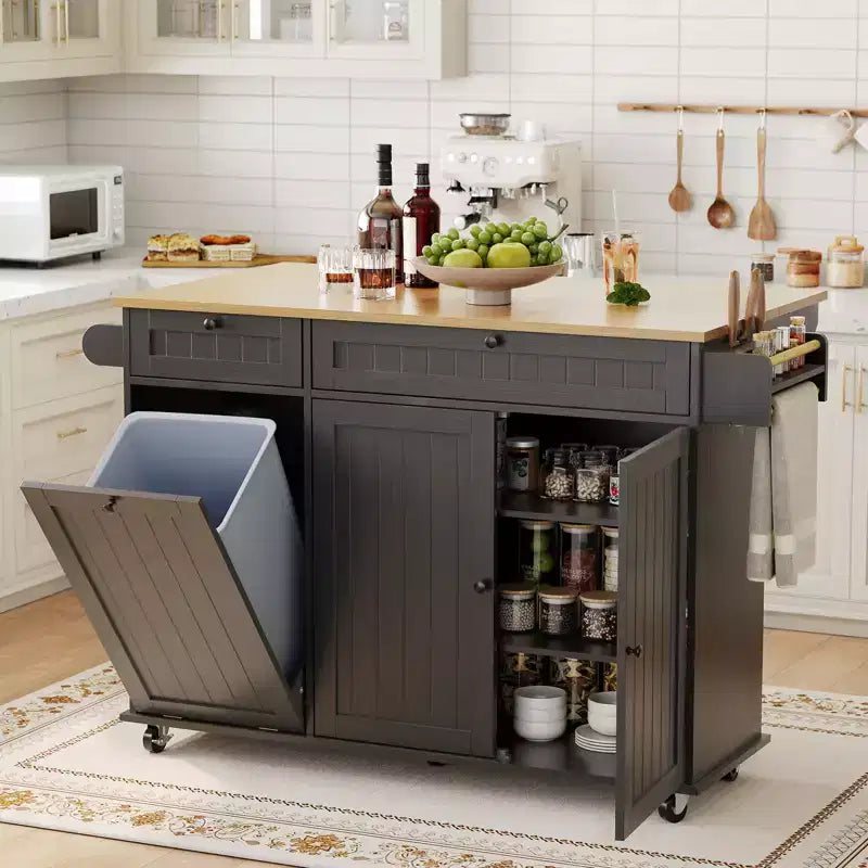 Table îlot mobile 55 avec prise de courant et abattant, chariot de cuisine roulant avec poubelle intégrée pour cuisine