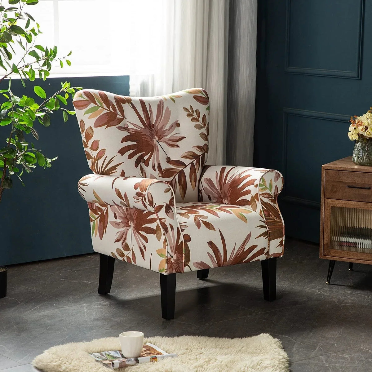 Fauteuil d'appoint moderne Erommy, fauteuil à dossier haut, canapé simple en tissu rembourré avec boutons et pieds en bois pour salon