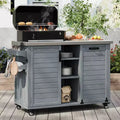 Îlot de cuisine d'extérieur FAMYYT de 198,9 cm avec comptoir en acier inoxydable, station de barbecue pliable et armoires de rangement, Bleu Gris