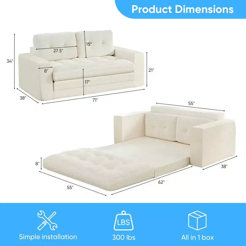 Mjkone Canapé-Lit Futon Convertible 2-en-1 180 cm, Canapé Deux Places Pliable en Tissu Côtelé avec Boutons Touffetés, Idéal pour Petits Espaces