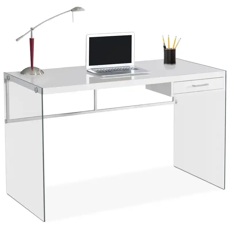 Bureau d'ordinateur 48 po avec tiroir – Blanc avec pieds en verre
