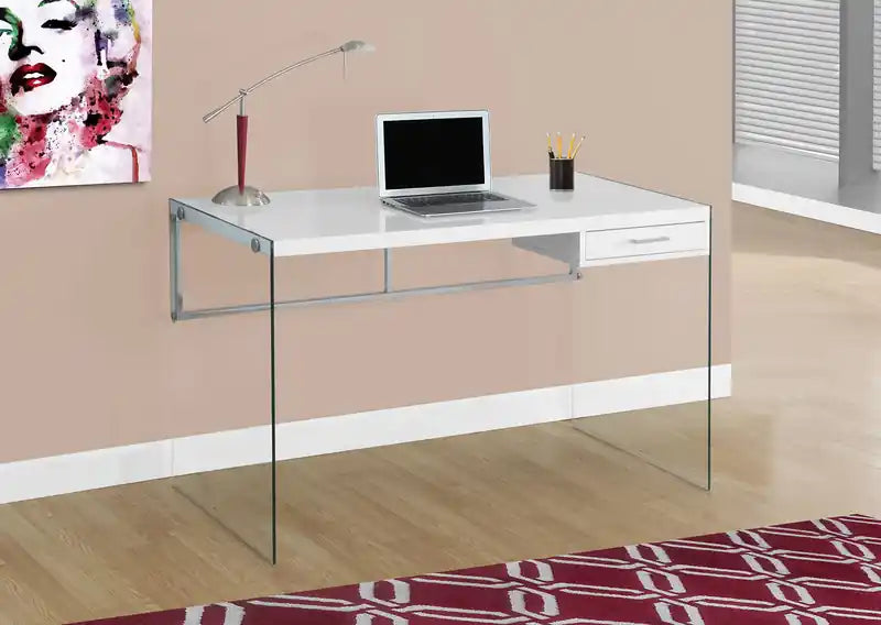Bureau d'ordinateur 48 po avec tiroir – Blanc avec pieds en verre