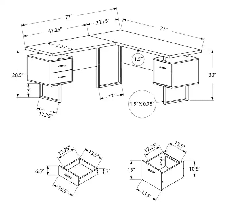 Bureau d'angle réversible en L de 71 po avec 3 tiroirs