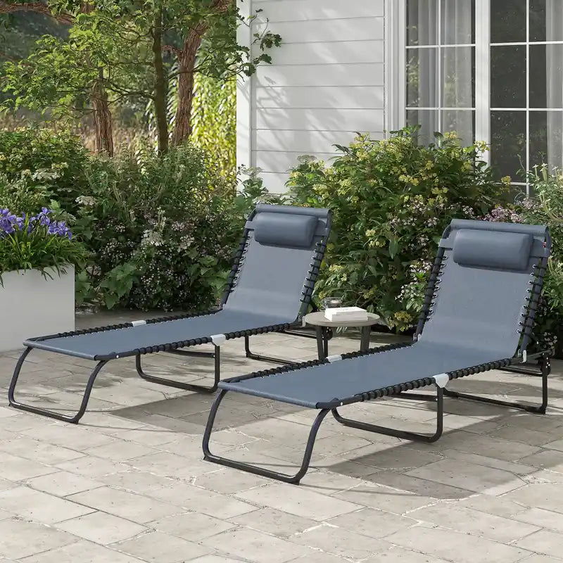 2 Chaises longues pliantes avec appuie-tête grises