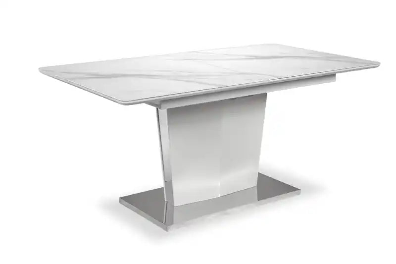 Naya Dining Table, 63-78.75W Self-Storing Butterfly Leaf, Metal, Glass, Faux Marble