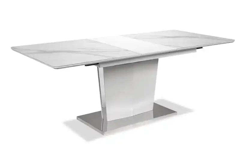 Table de salle à manger, largeur de 160-200 cm avec rallonge papillon intégrée, métal, verre, faux marbre