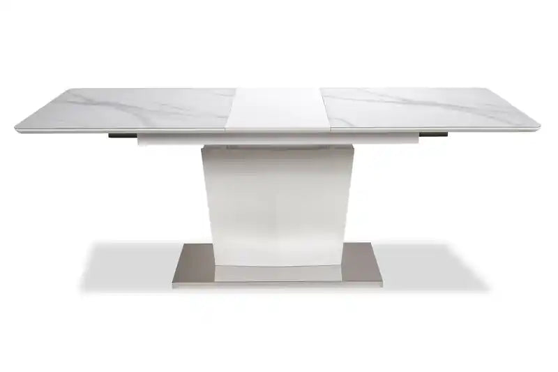 Table de salle à manger, largeur de 160-200 cm avec rallonge papillon intégrée, métal, verre, faux marbre