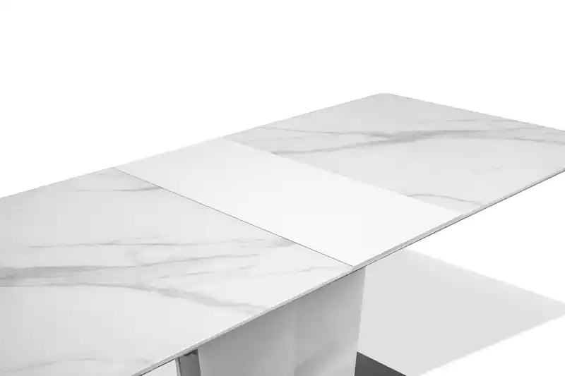 Table de salle à manger, largeur de 160-200 cm avec rallonge papillon intégrée, métal, verre, faux marbre