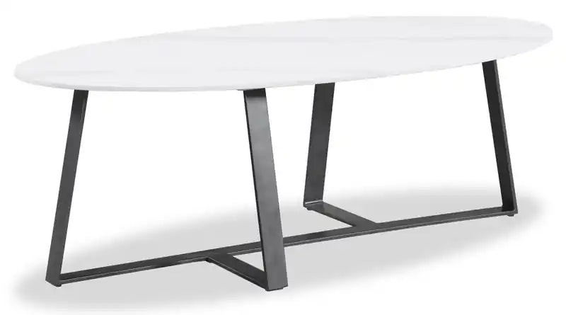 Kort & Co. Nico 51 Modern Oval Coffee Table - White Sinetered Stone with Dark Grey Metal Legs