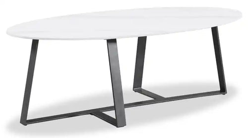 Kort & Co. Nico 51 Modern Oval Coffee Table - White Sinetered Stone with Dark Grey Metal Legs