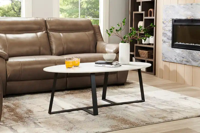 . Table basse ovale moderne 51 - Pierre frittée blanche avec pieds en métal gris foncé