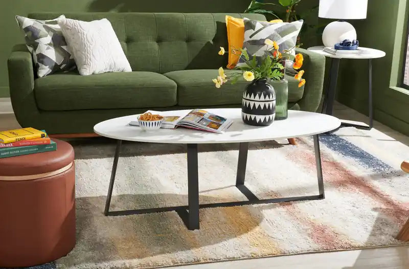 . Table basse ovale moderne 51 - Pierre frittée blanche avec pieds en métal gris foncé