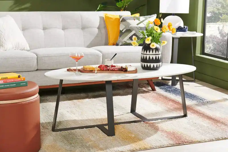 . Table basse ovale moderne 51 - Pierre frittée blanche avec pieds en métal gris foncé