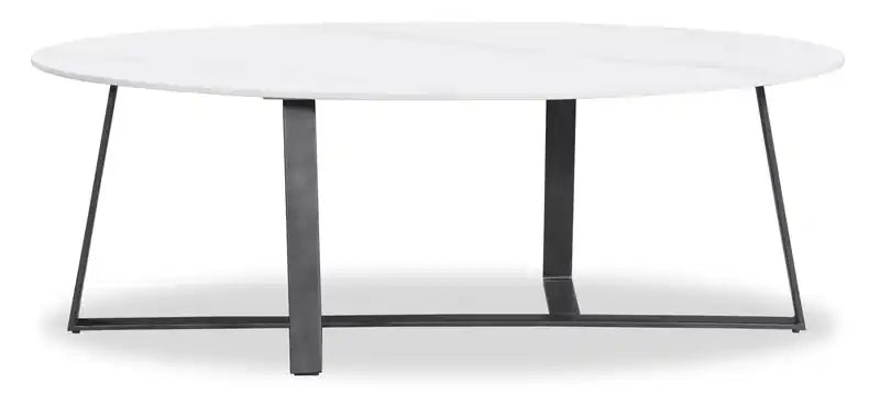 . Table basse ovale moderne 51 - Pierre frittée blanche avec pieds en métal gris foncé