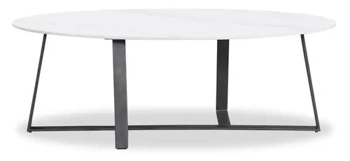 . Table basse ovale moderne 51 - Pierre frittée blanche avec pieds en métal gris foncé