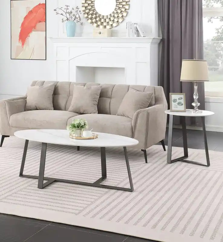 . Table basse ovale moderne 51 - Pierre frittée blanche avec pieds en métal gris foncé