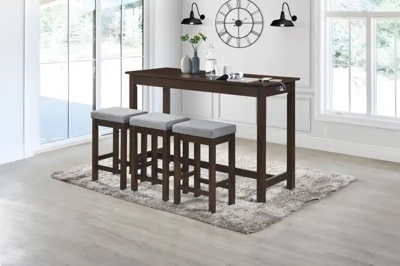 60'' Ensemble Dînette Moderne avec 3 Tabourets Hauteur Comptoir et Ports USB