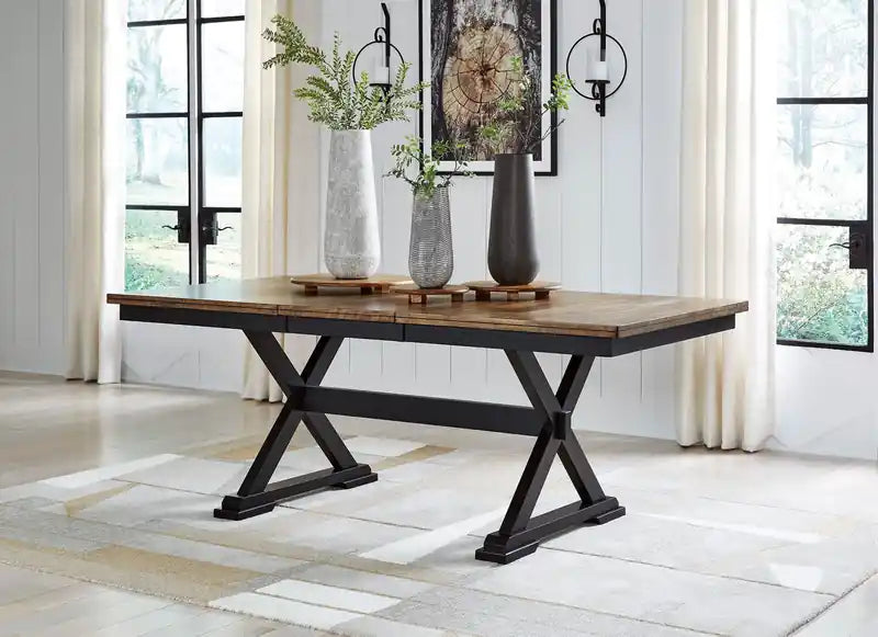 Table de salle à manger, largeur 60-78 po, avec rallonge papillon auto-rangeable – Bicolore noir et marron
