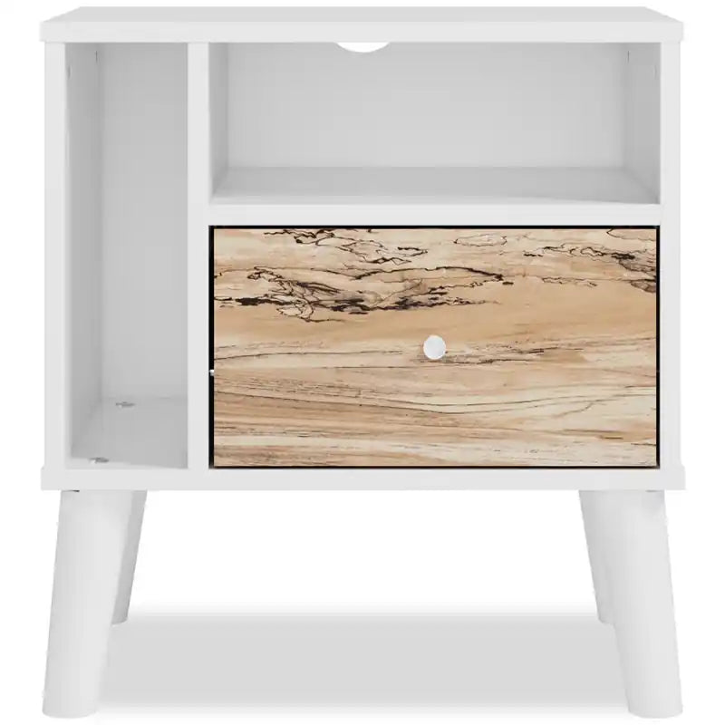 Table de chevet 1 tiroir, 60,2 cm l. x 55,6 cm H, moderne milieu de siècle - Bicolore blanc et naturel