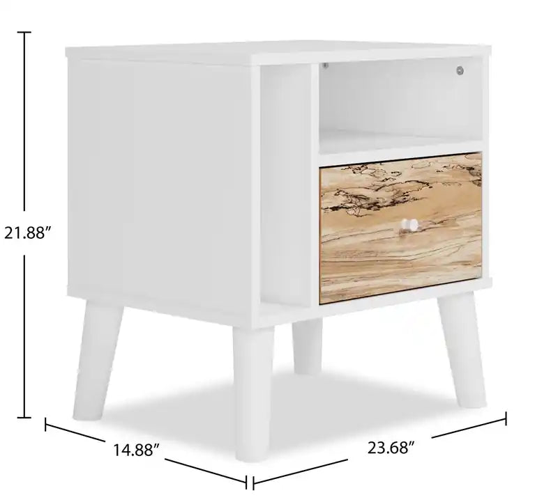 Table de chevet 1 tiroir, 60,2 cm l. x 55,6 cm H, moderne milieu de siècle - Bicolore blanc et naturel
